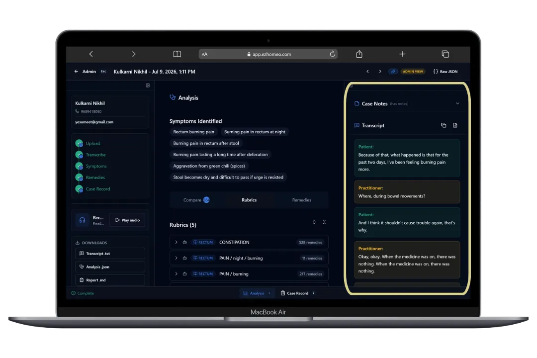 A live clinical transcript in EzHomeo capturing mixed Hindi and English patient speech alongside the doctor’s conversation.