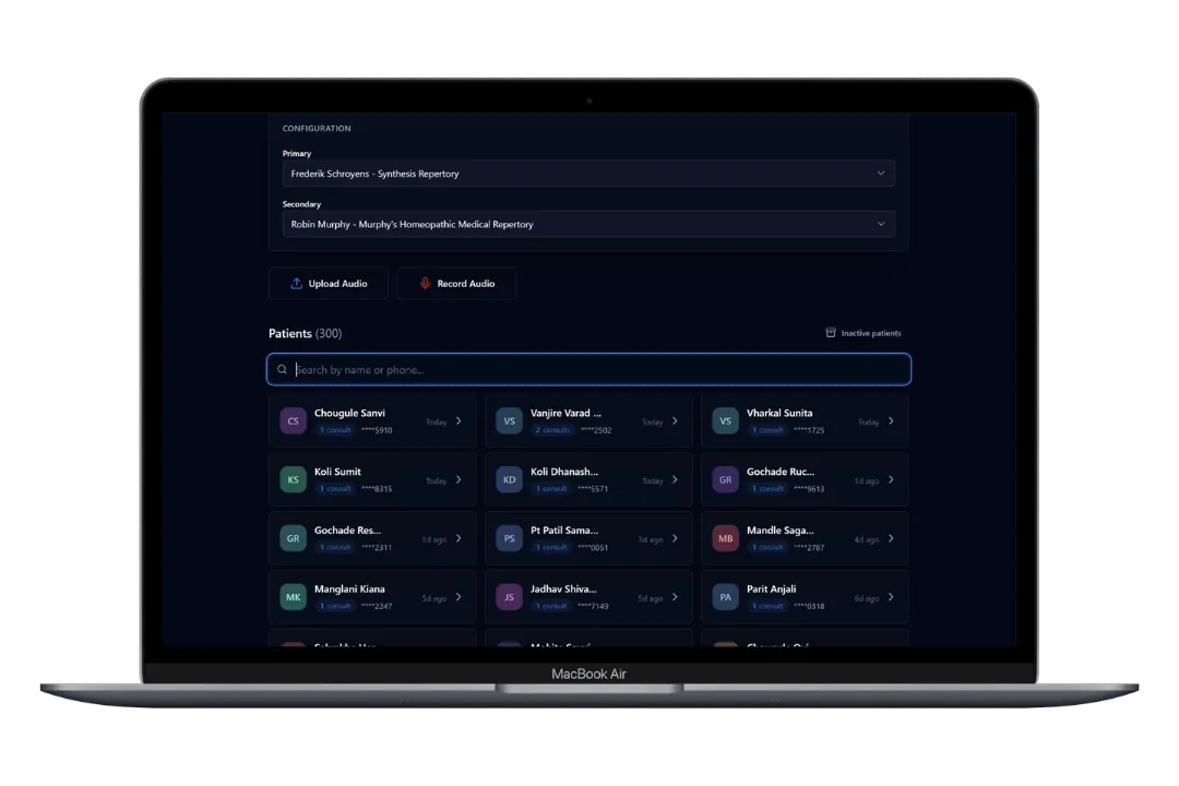 The EzHomeo patient management view listing a patient’s profile, past cases, follow-ups and prescriptions in one place.