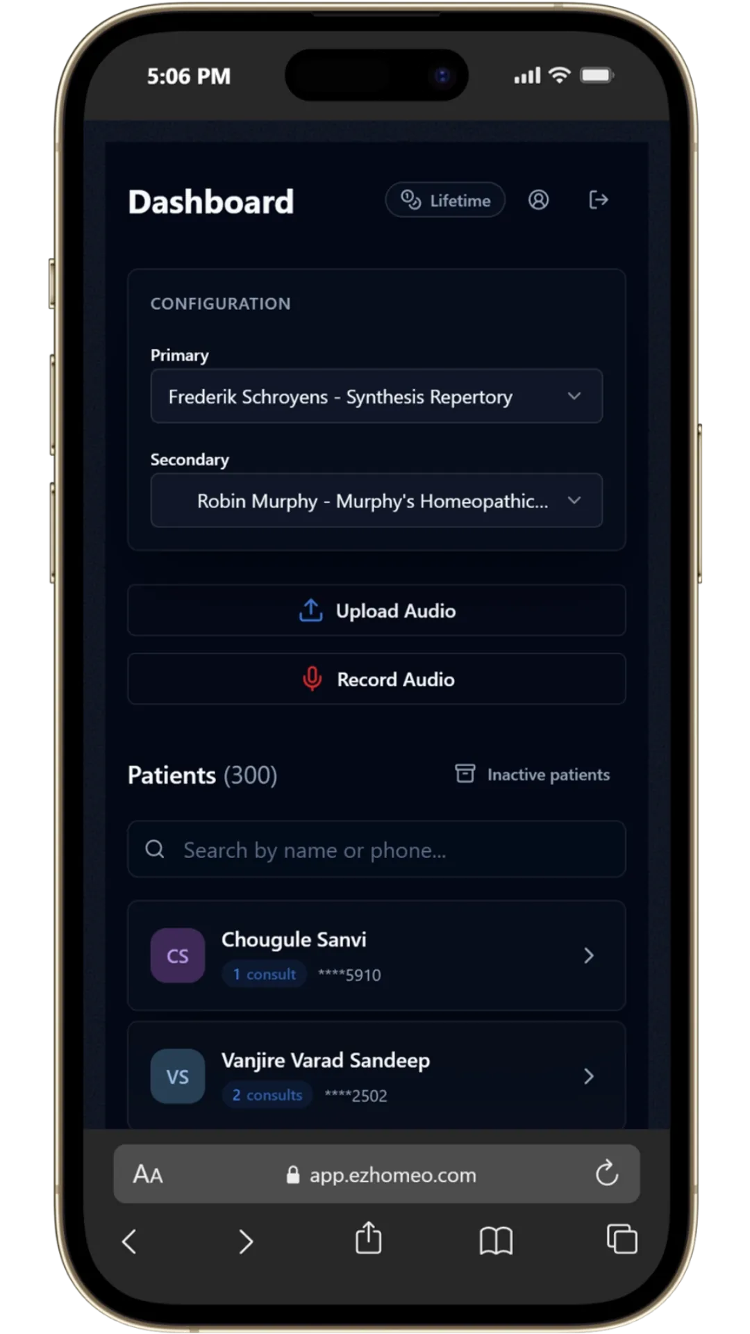 EzHomeo repertory selection screen where the doctor chooses a primary and secondary repertory for the case.