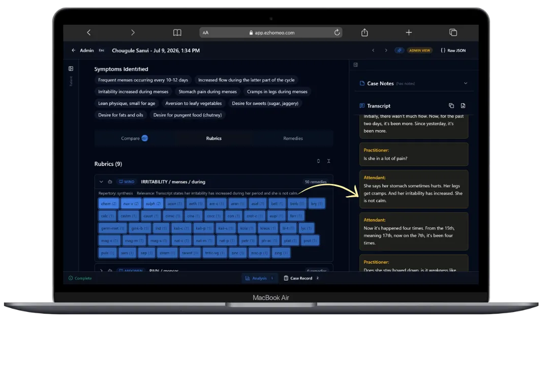 EzHomeo tracing an AI-suggested rubric back to its relevance, the transcript and the original audio recording.