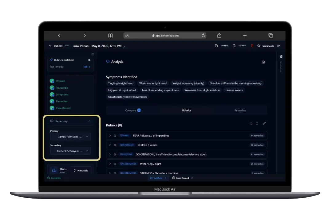EzHomeo re-running the same preserved case with a different repertory to compare the outputs.