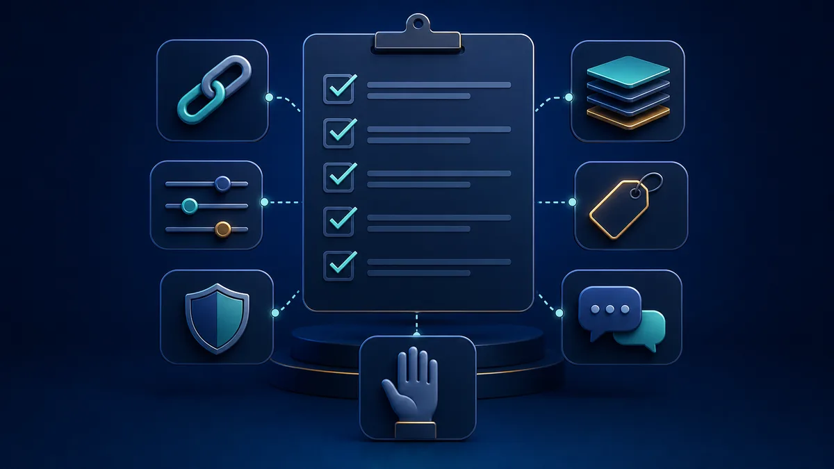 Abstract checklist and control icons representing a structured homeopathy software evaluation
